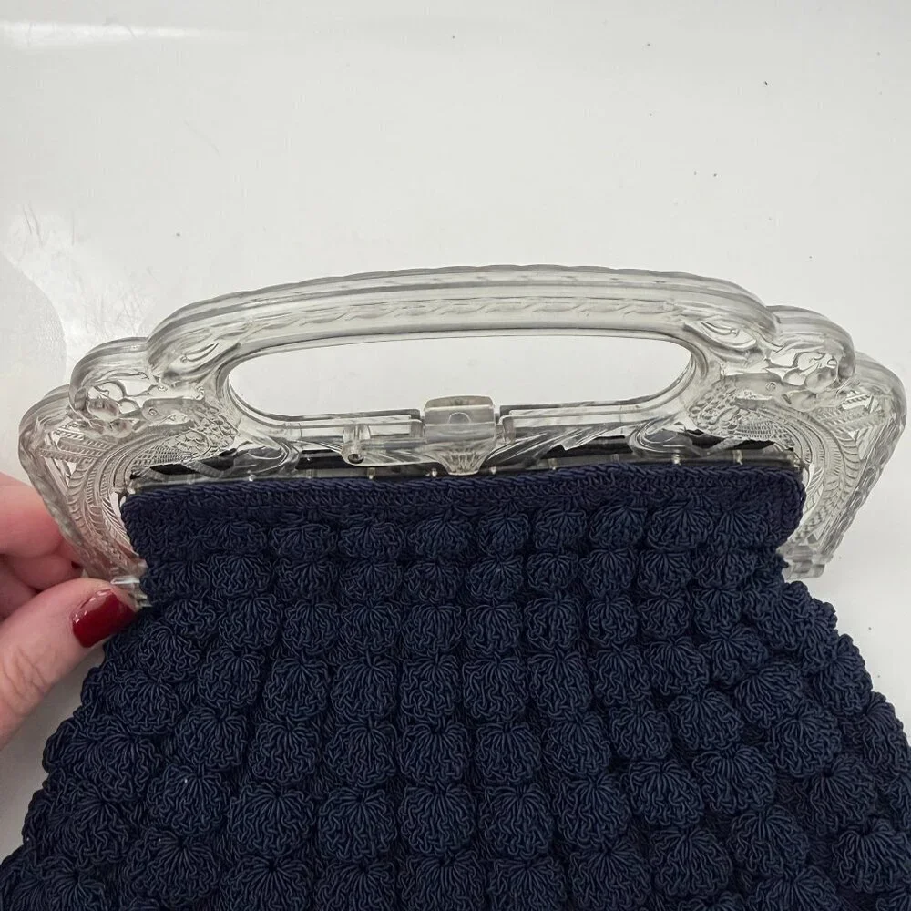 VINTAGE 30s Popcorn Crochet Navy Blue Peacock Handle Evening Bag